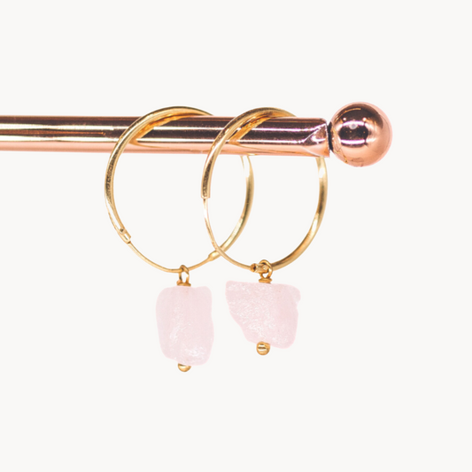 The Lover - Raw Rose Quartz Hooped Earrings | Gold Vermeil